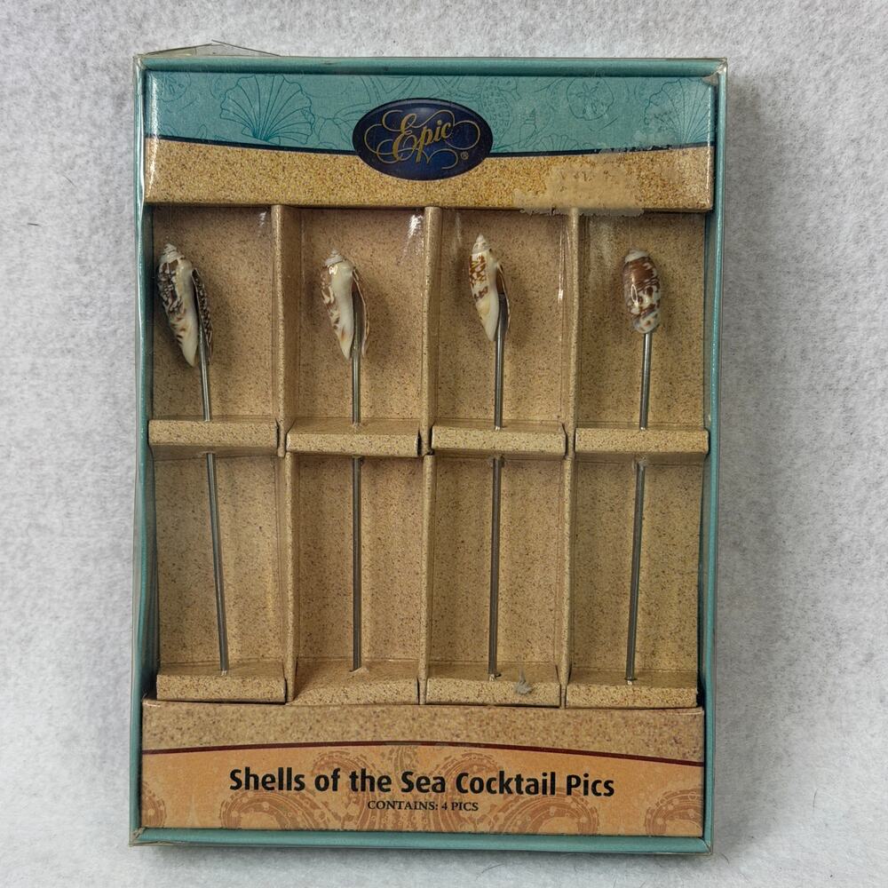 VTG Shells of the Sea Cocktail Pics‎ Epic Set of 4 Metal Pics Wine Party Spirits